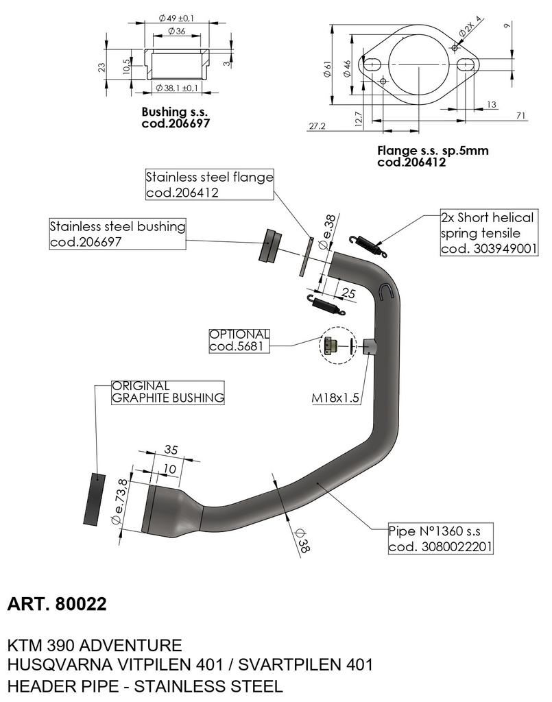 Catalyst-free downpipe for Husqvarna 401 Vitpilen/Svartpilen and KTM 390 Adventure 2020-2023