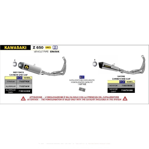 Full Exhaust System ARROW X-KONE Kawasaki Z 650 and Ninja 650 2021-2023 Carbon End Cap