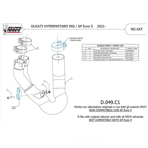 [D.049.C1] MIVV Link Pipe without Catalyst DUCATI HYPERMOTARD 950 2021-2024